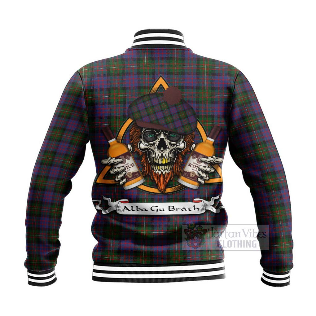 Tartan Vibes Clothing MacDonell (McDonell) Tartan Baseball Jacket with Family Crest and Bearded Skull Holding Bottles of Whiskey