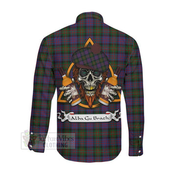 MacDonell (McDonell) Tartan Long Sleeve Button Shirt with Family Crest and Bearded Skull Holding Bottles of Whiskey