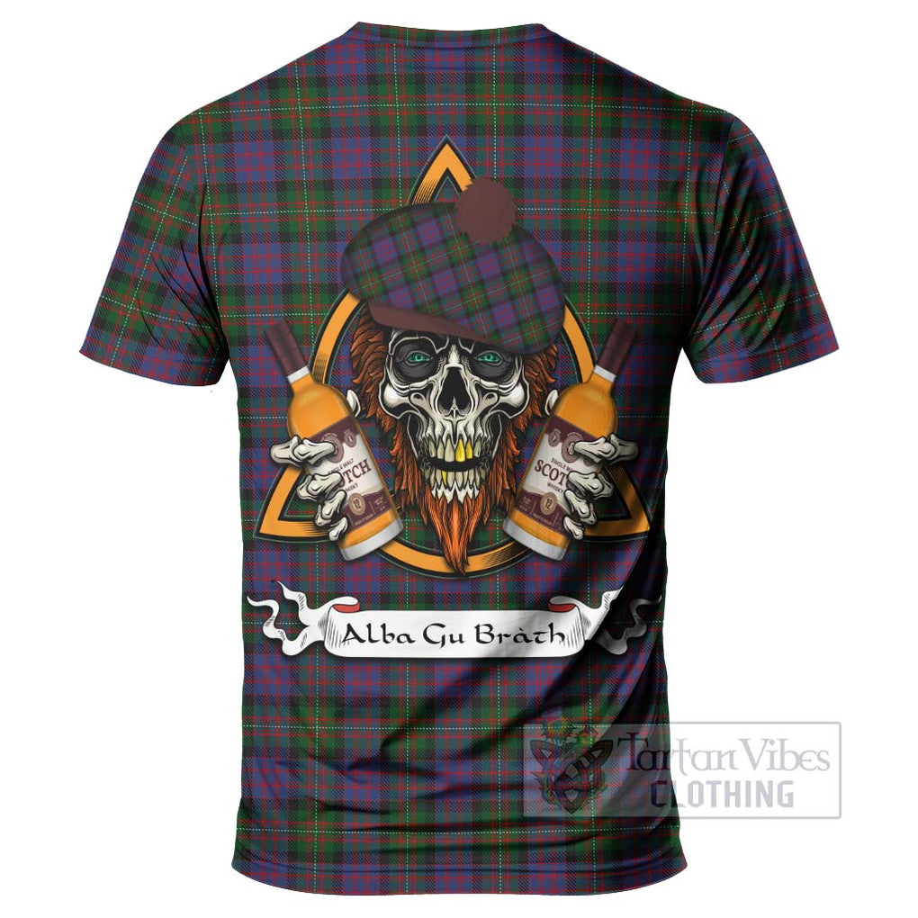 Tartan Vibes Clothing MacDonell (McDonell) Tartan T-Shirt with Family Crest and Bearded Skull Holding Bottles of Whiskey