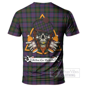 MacDonell (McDonell) Tartan T-Shirt with Family Crest and Bearded Skull Holding Bottles of Whiskey