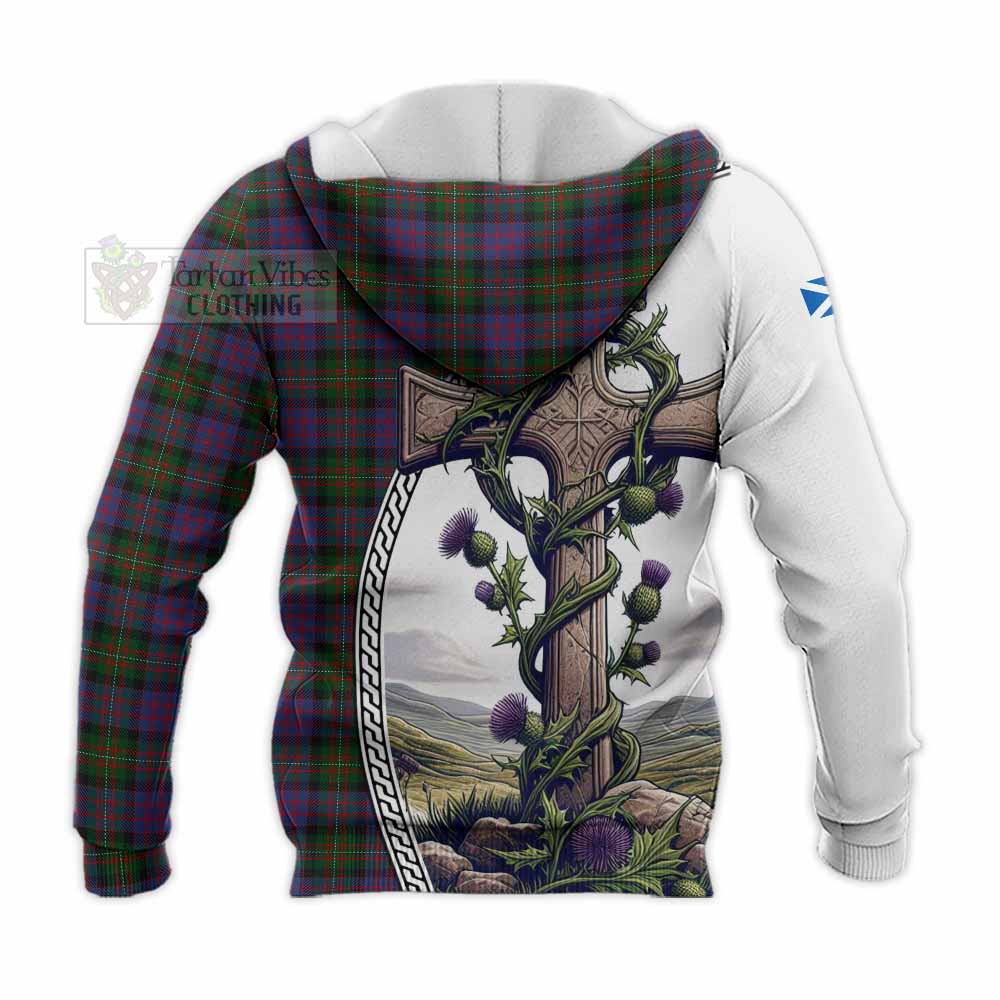 Tartan Vibes Clothing MacDonell (McDonell) Tartan Knitted Hoodie with Family Crest and St. Andrew's Cross Accented by Thistle Vines