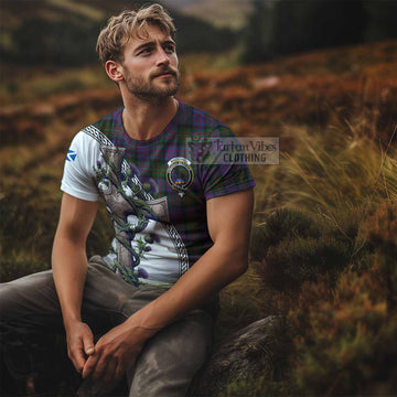 MacDonell (McDonell) Tartan T-Shirt with Family Crest and St. Andrew's Cross Accented by Thistle Vines - Tartan Vibes Clothing