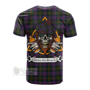 MacDonell (McDonell) Tartan Cotton T-shirt with Family Crest and Bearded Skull Holding Bottles of Whiskey