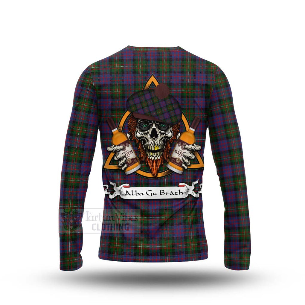 Tartan Vibes Clothing MacDonell (McDonell) Tartan Long Sleeve T-Shirt with Family Crest and Bearded Skull Holding Bottles of Whiskey