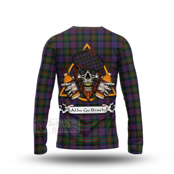 MacDonell (McDonell) Tartan Long Sleeve T-Shirt with Family Crest and Bearded Skull Holding Bottles of Whiskey