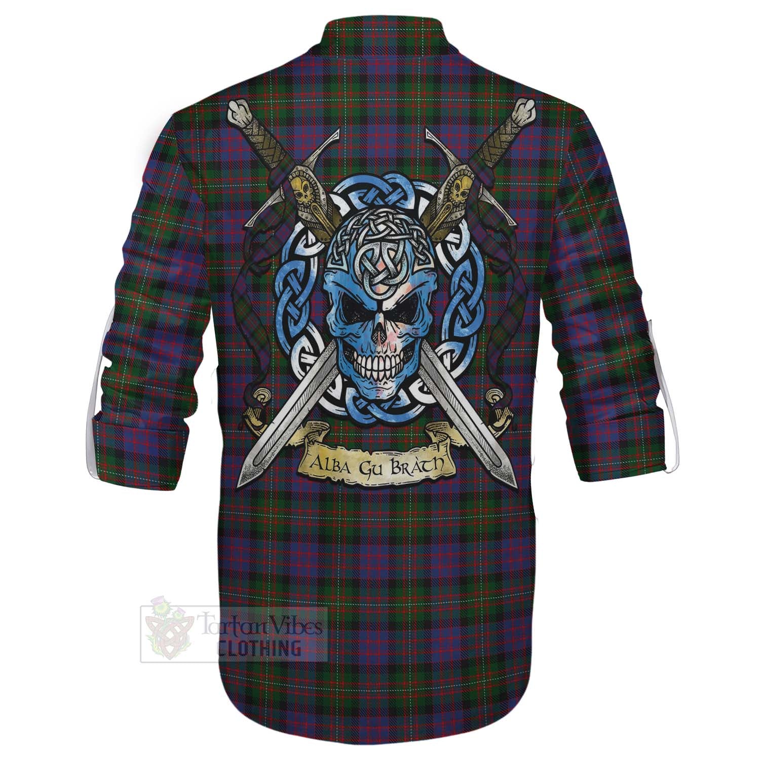 Tartan Vibes Clothing MacDonell (McDonell) Tartan Ghillie Kilt Shirt with Family Crest Celtic Skull Style