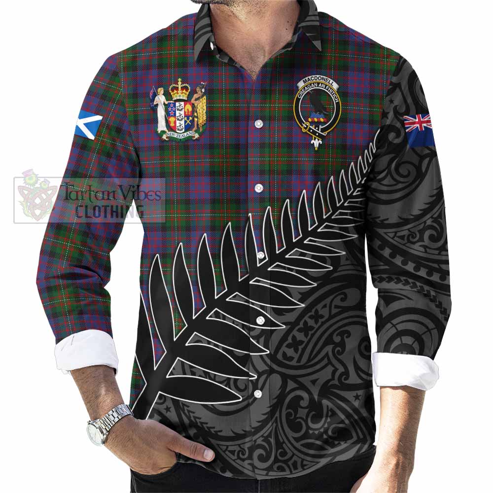 Tartan Vibes Clothing MacDonell (McDonell) Crest Tartan Long Sleeve Button Shirt with New Zealand Silver Fern Half Style