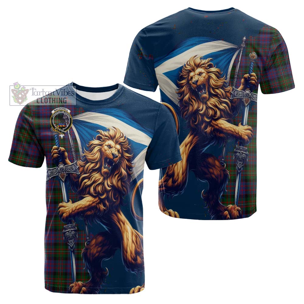 Tartan Vibes Clothing MacDonell (McDonell) Tartan Family Crest Cotton T-shirt with Scottish Majestic Lion