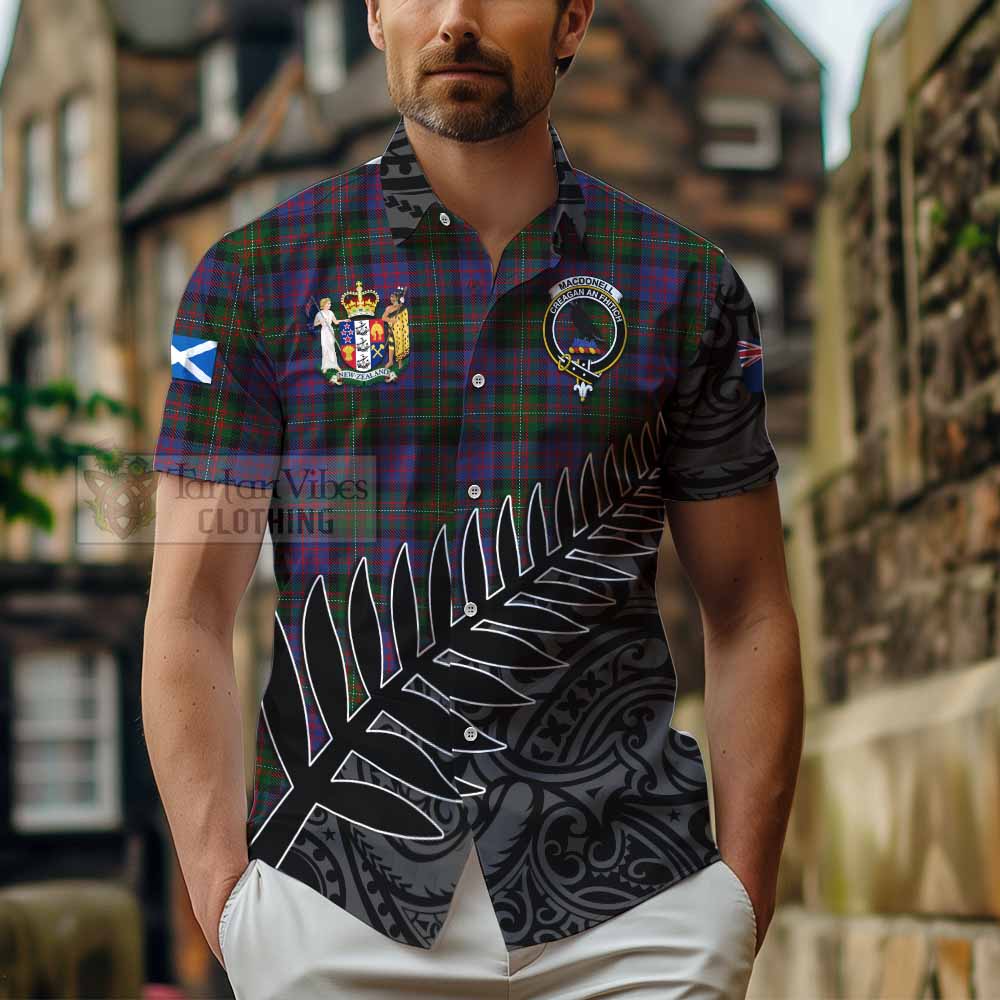 Tartan Vibes Clothing MacDonell (McDonell) Crest Tartan Short Sleeve Button Shirt with New Zealand Silver Fern Half Style