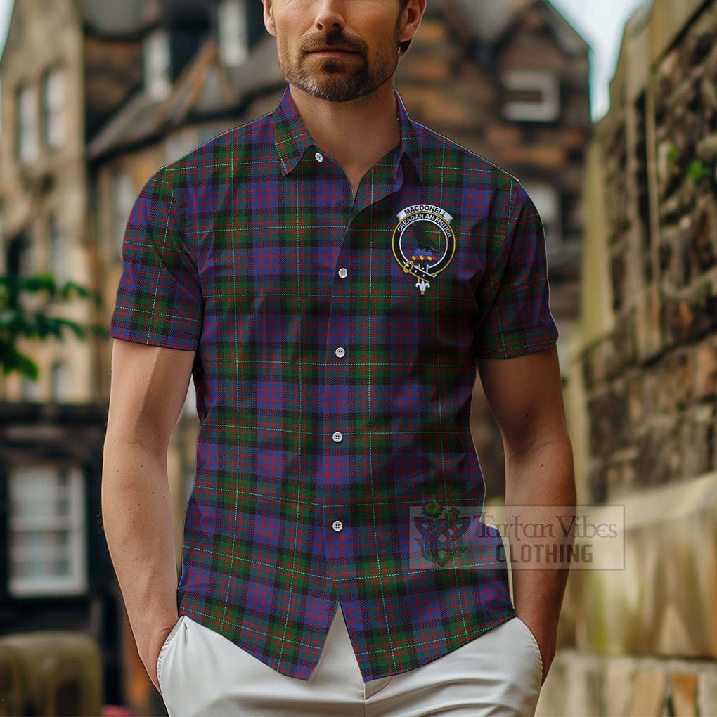 Tartan Vibes Clothing MacDonell (McDonell) Tartan Short Sleeve Button Shirt with Family Crest Celtic Skull Style