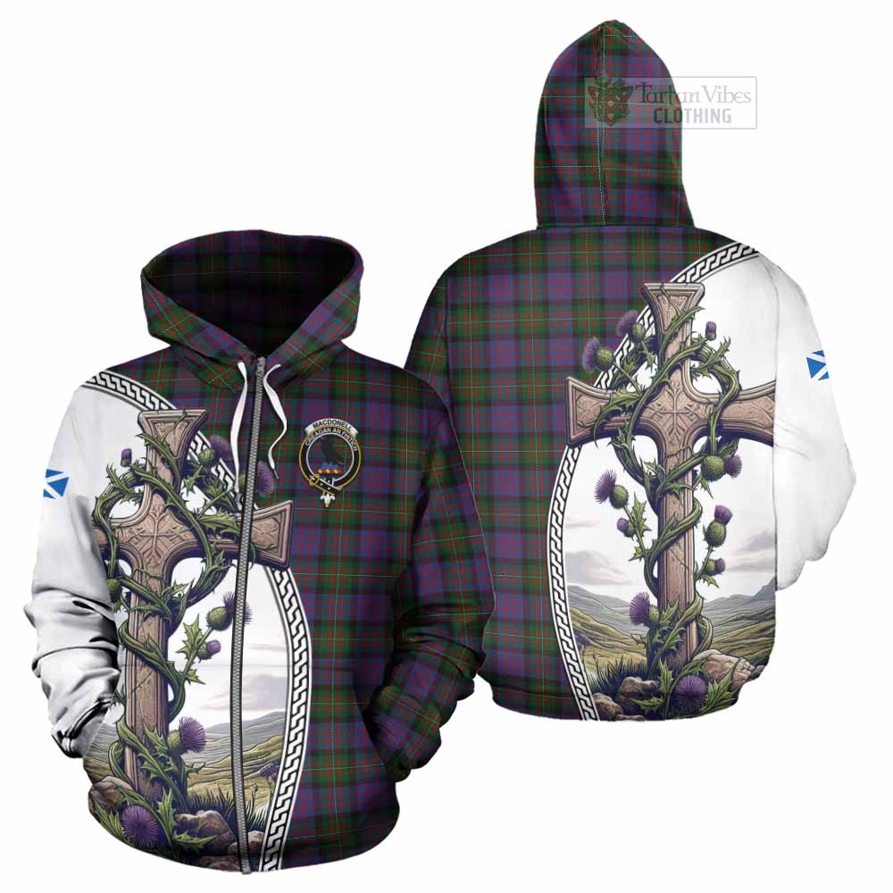 Tartan Vibes Clothing MacDonell (McDonell) Tartan Hoodie with Family Crest and St. Andrew's Cross Accented by Thistle Vines