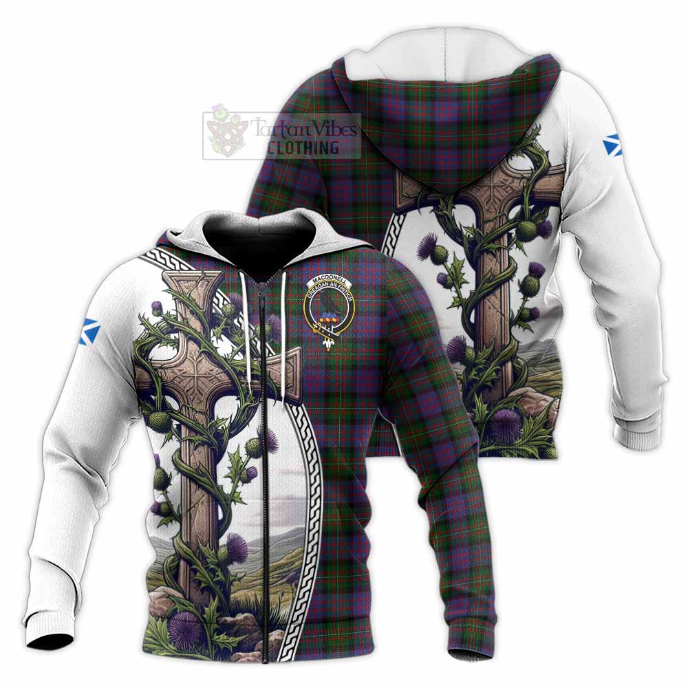 Tartan Vibes Clothing MacDonell (McDonell) Tartan Knitted Hoodie with Family Crest and St. Andrew's Cross Accented by Thistle Vines