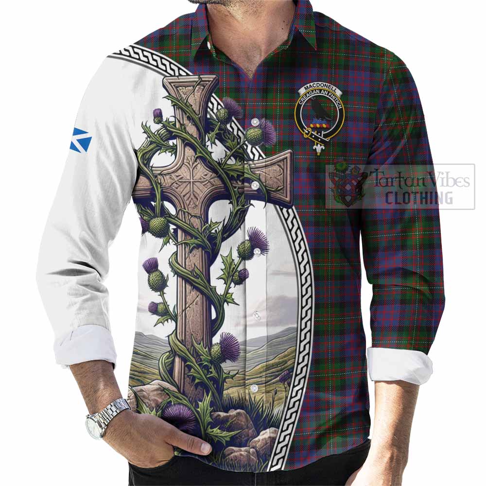 Tartan Vibes Clothing MacDonell (McDonell) Tartan Long Sleeve Button Shirt with Family Crest and St. Andrew's Cross Accented by Thistle Vines