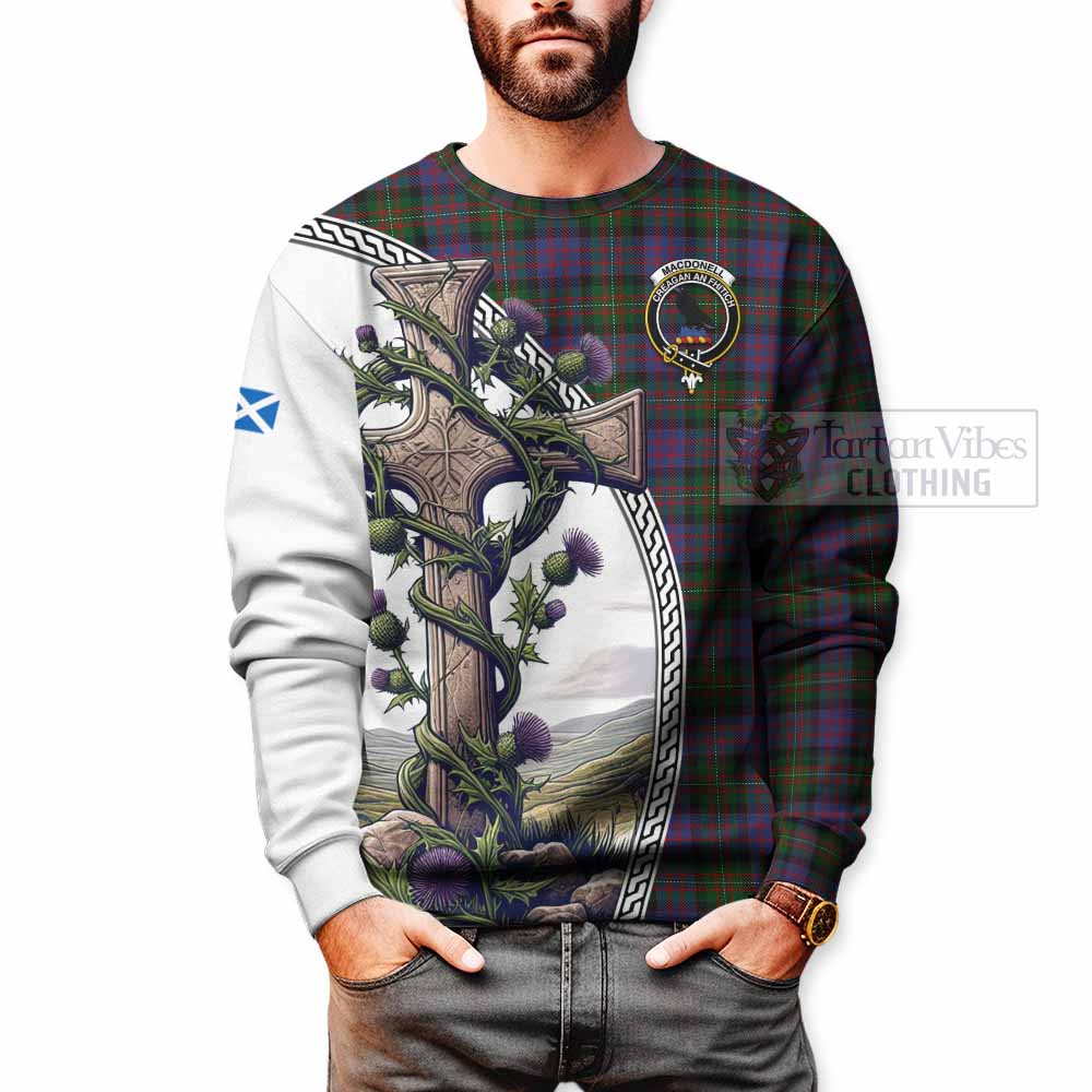 Tartan Vibes Clothing MacDonell (McDonell) Tartan Sweatshirt with Family Crest and St. Andrew's Cross Accented by Thistle Vines