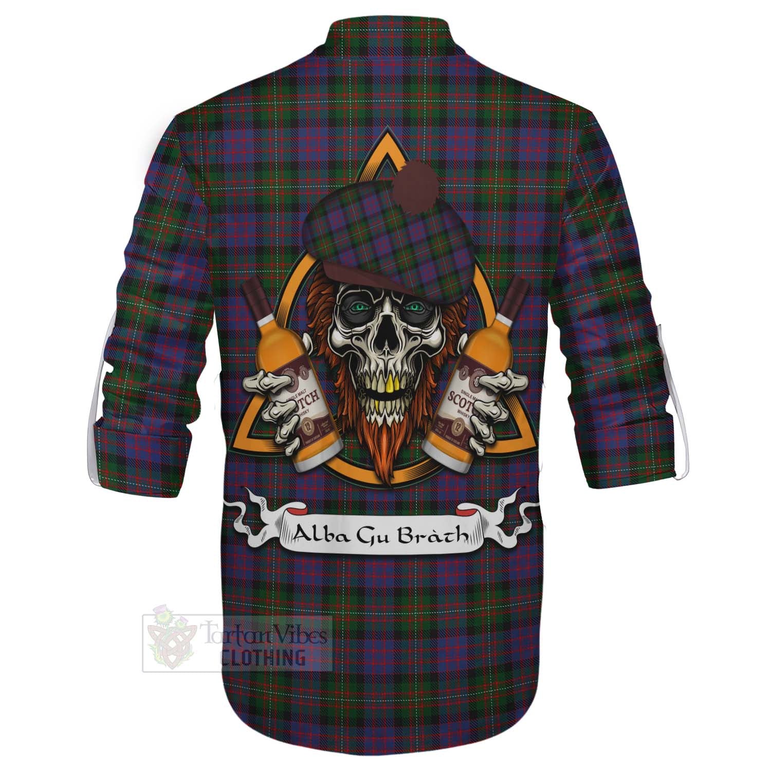 Tartan Vibes Clothing MacDonell (McDonell) Tartan Ghillie Kilt Shirt with Family Crest and Bearded Skull Holding Bottles of Whiskey