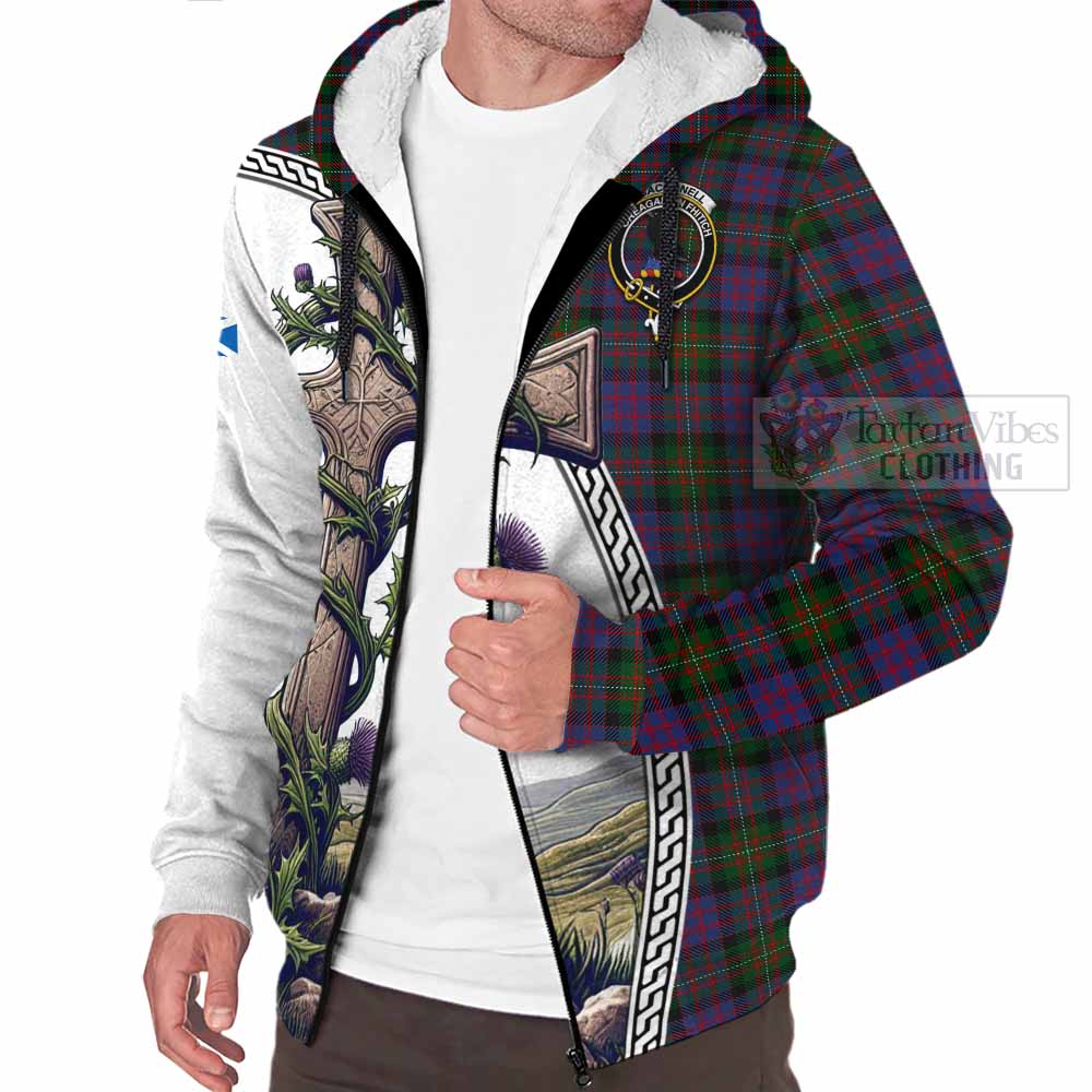 Tartan Vibes Clothing MacDonell (McDonell) Tartan Sherpa Hoodie with Family Crest and St. Andrew's Cross Accented by Thistle Vines