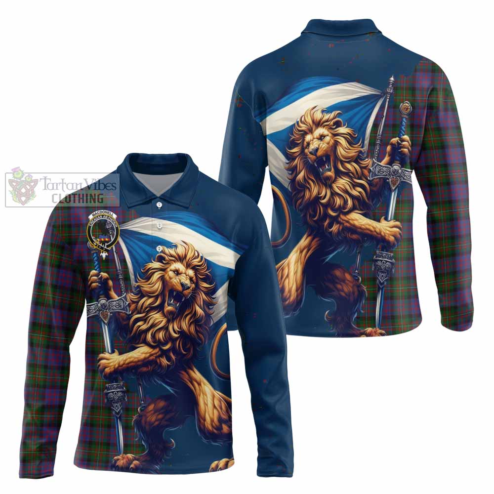 Tartan Vibes Clothing MacDonell (McDonell) Tartan Family Crest Long Sleeve Polo Shirt with Scottish Majestic Lion