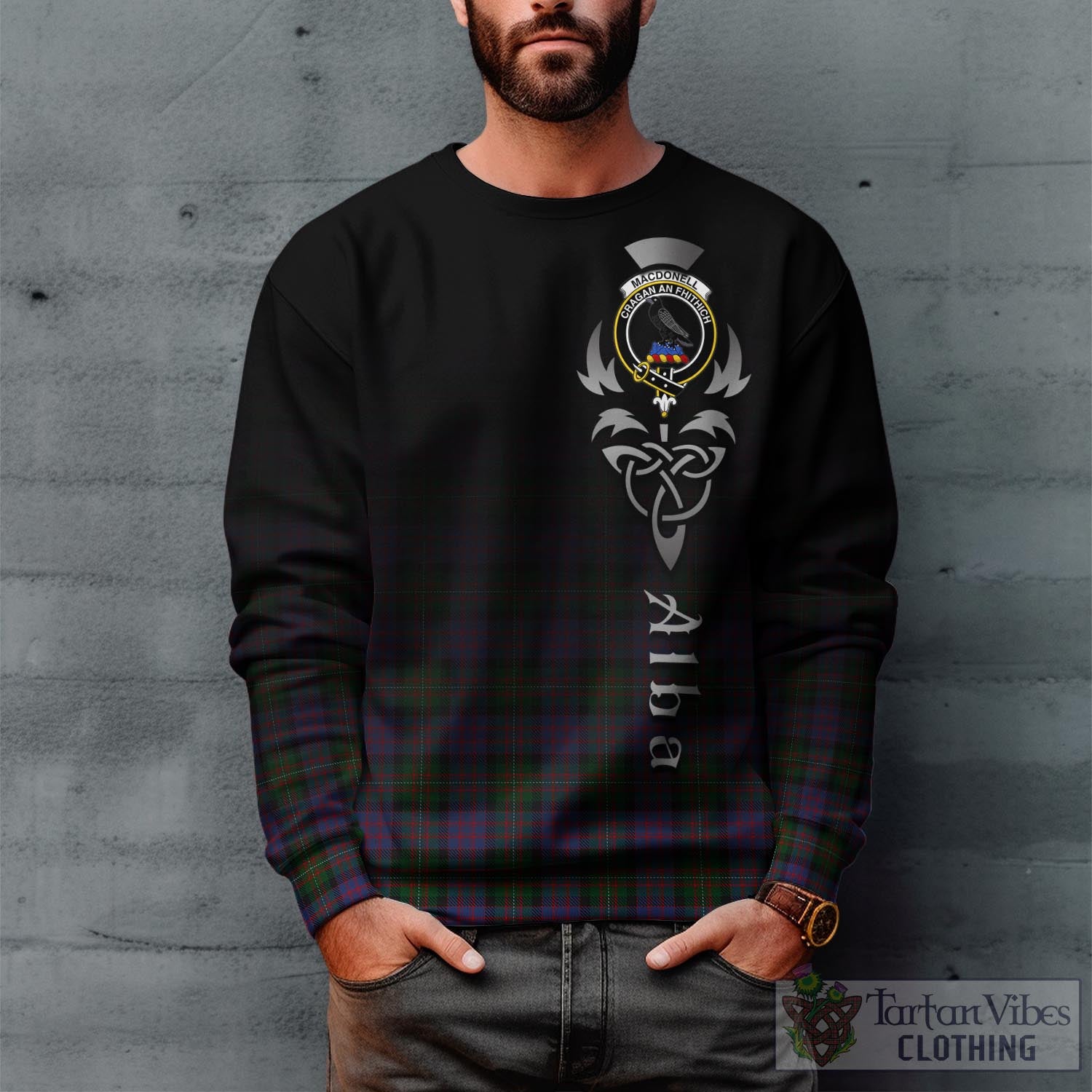 Tartan Vibes Clothing MacDonell of Glengarry Tartan Sweatshirt Featuring Alba Gu Brath Family Crest Celtic Inspired