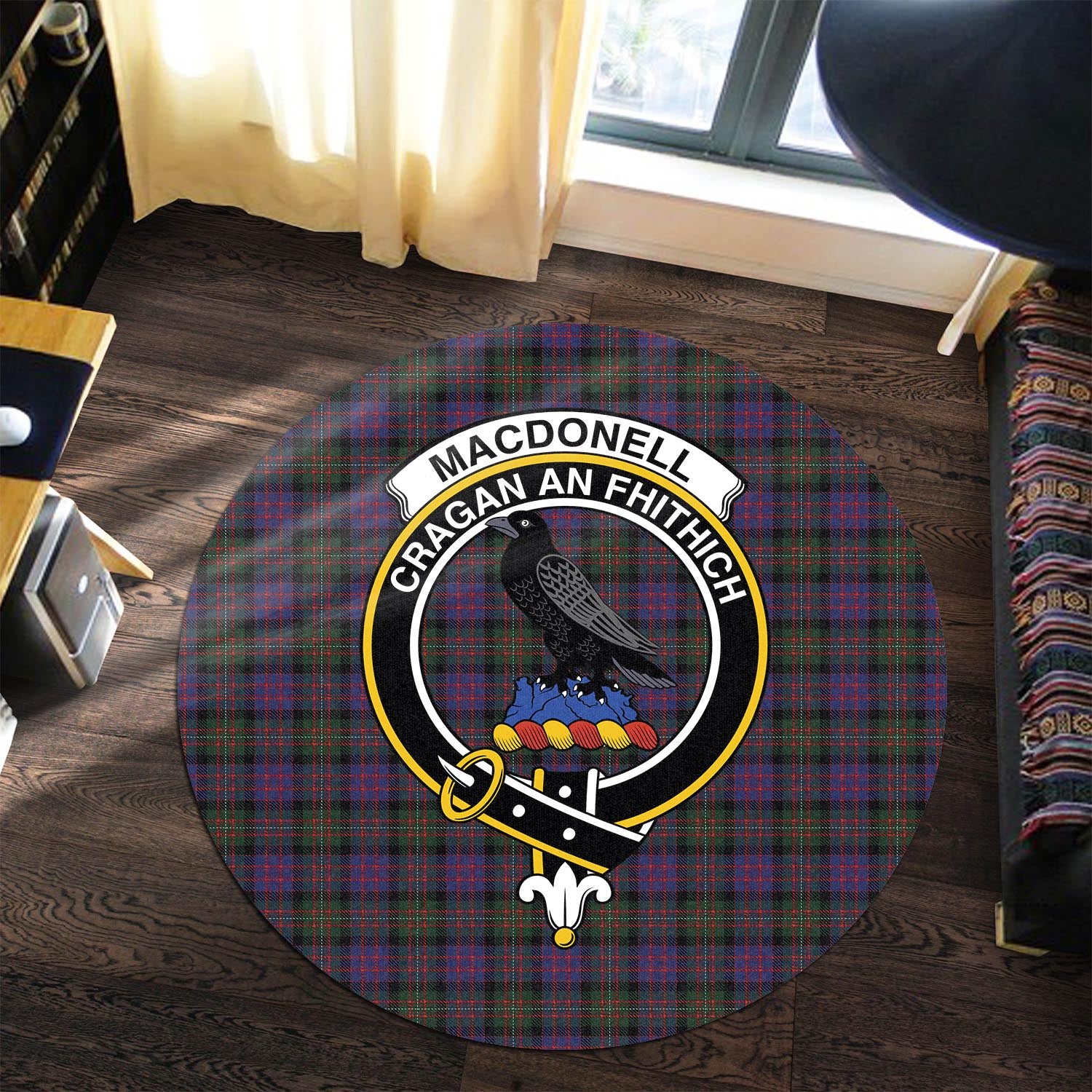 macdonell-of-glengarry-tartan-round-rug-with-family-crest