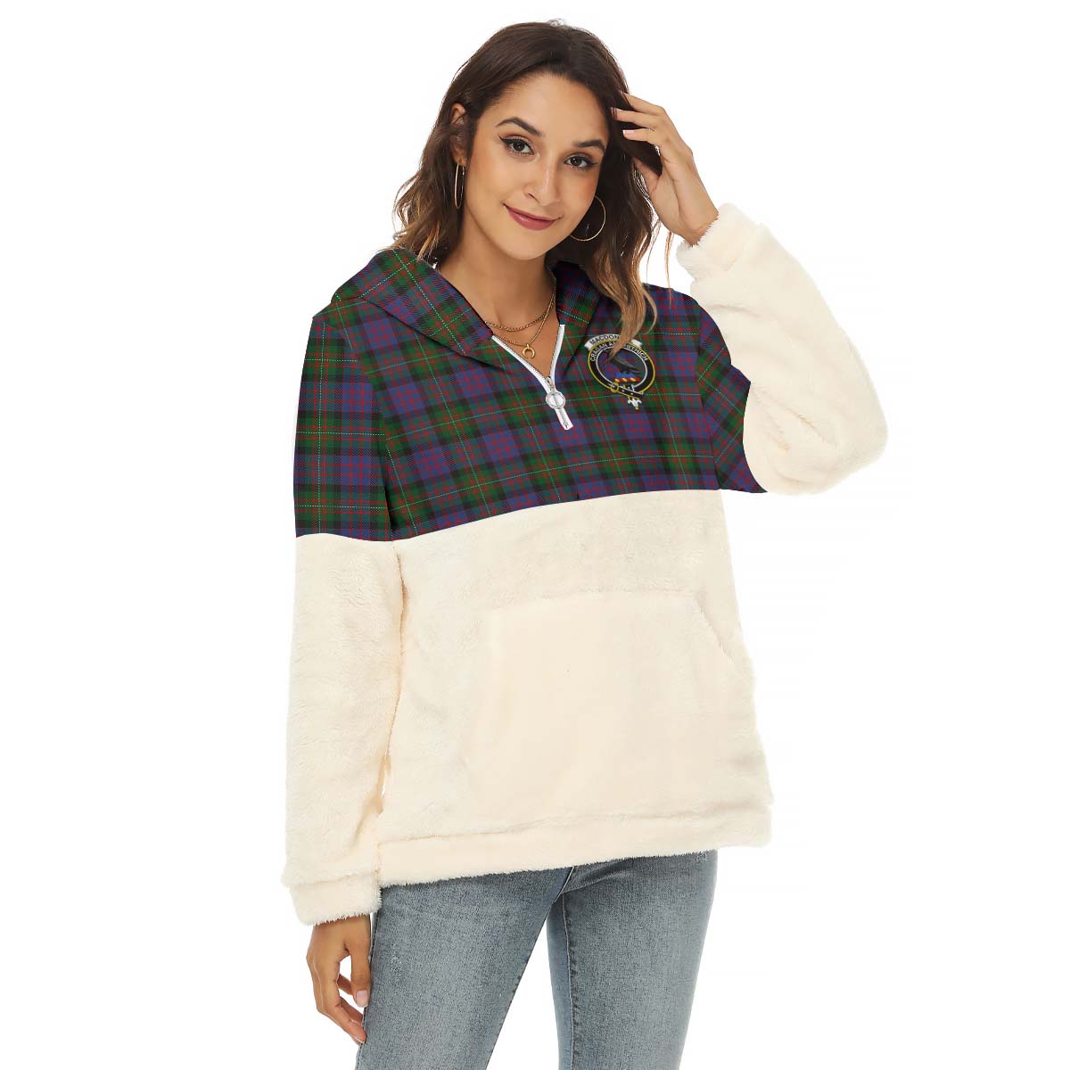 MacDonell (McDonell) Tartan Women's Borg Fleece Hoodie With Half Zip with Family Crest Female - Tartan Vibes Clothing