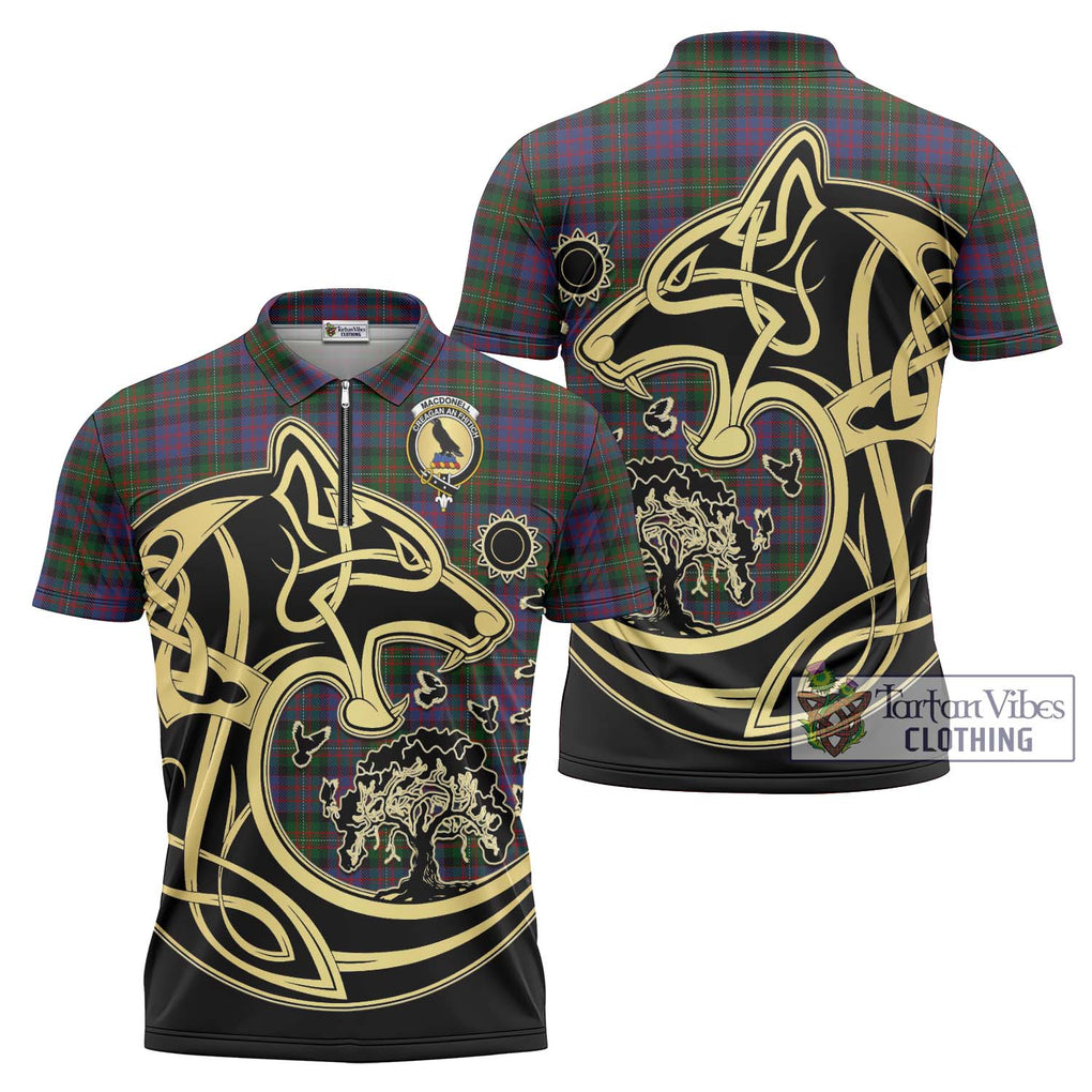 MacDonell (McDonell) Tartan Zipper Polo Shirt with Family Crest Celtic Wolf Style Unisex - Tartanvibesclothing Shop