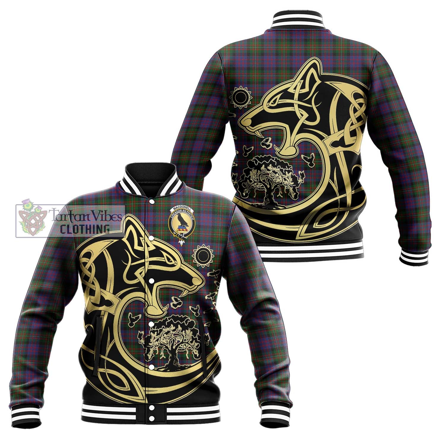 MacDonell (McDonell) Tartan Baseball Jacket with Family Crest Celtic Wolf Style Unisex - Tartan Vibes Clothing