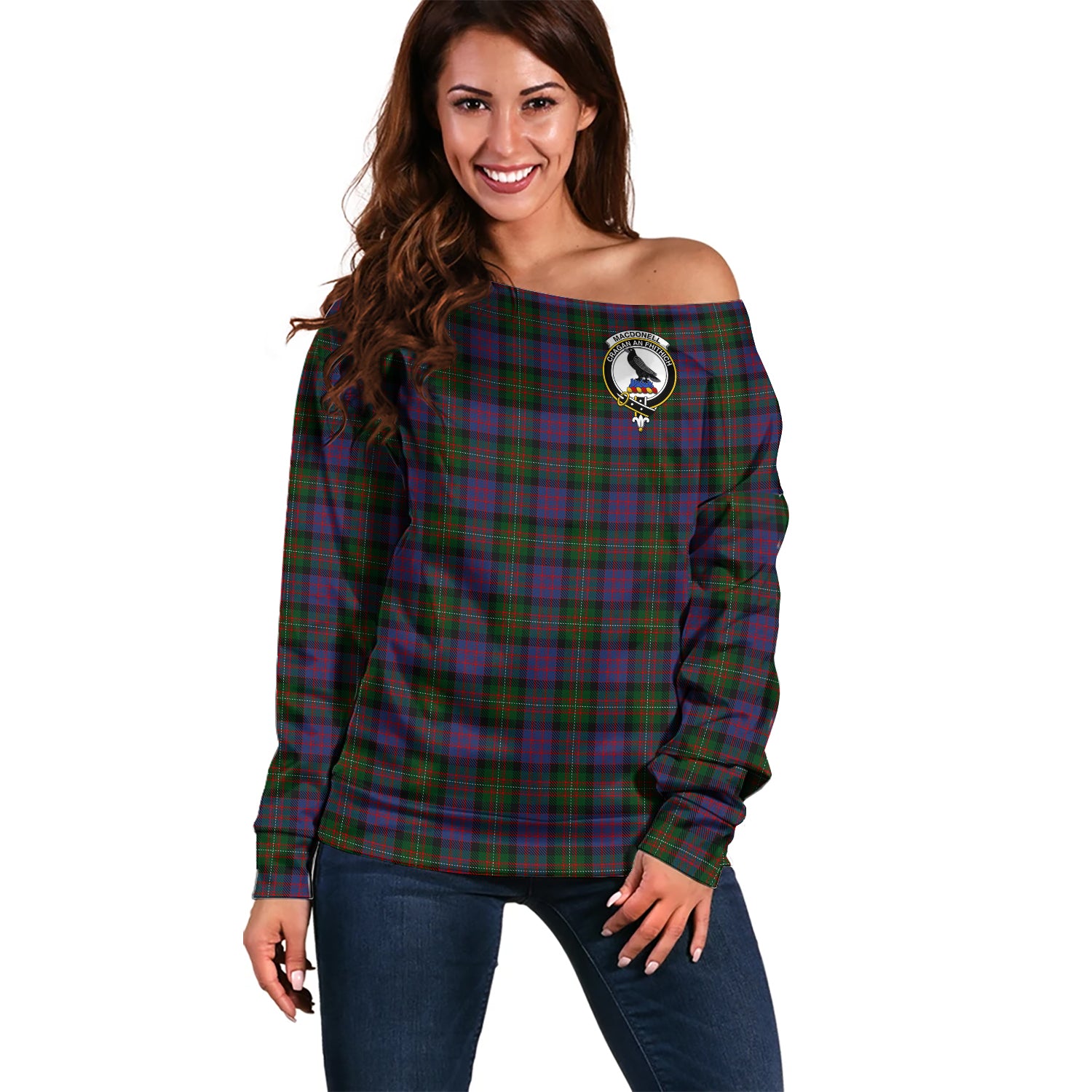 MacDonell of Glengarry Tartan Off Shoulder Women Sweater with Family Crest Women - Tartanvibesclothing