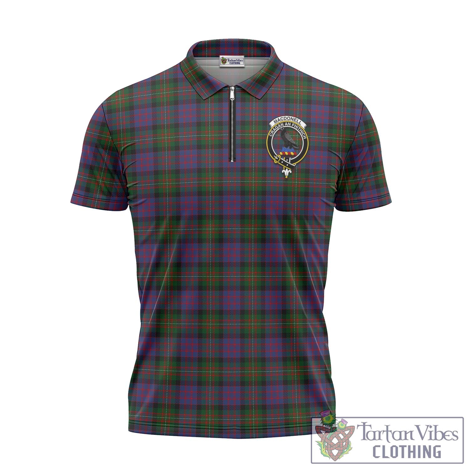 Tartan Vibes Clothing MacDonell of Glengarry Tartan Zipper Polo Shirt with Family Crest