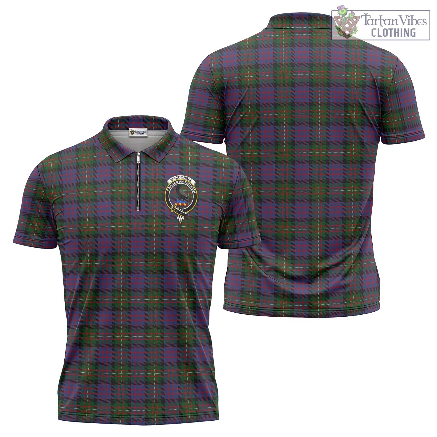 Tartan Vibes Clothing MacDonell of Glengarry Tartan Zipper Polo Shirt with Family Crest