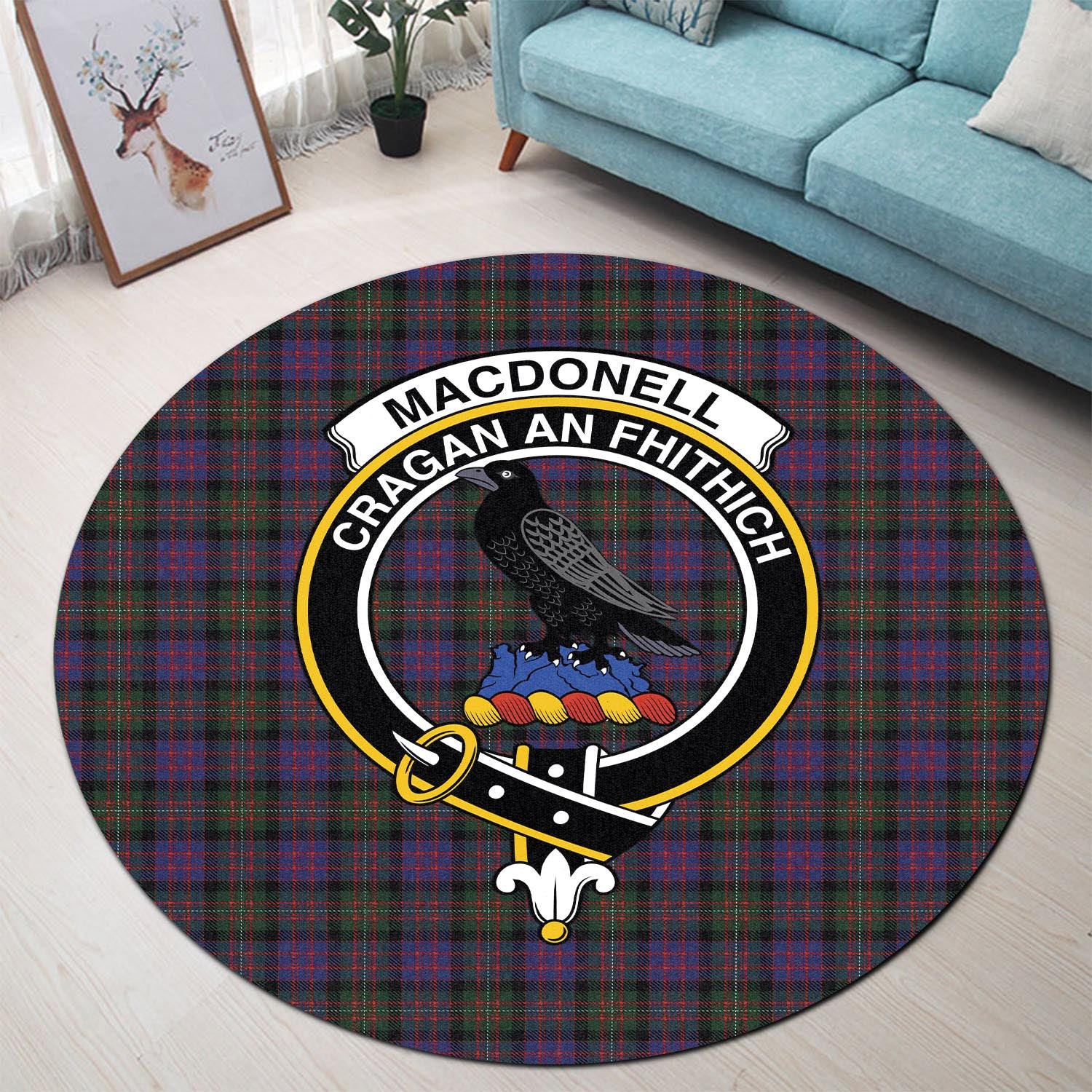 macdonell-of-glengarry-tartan-round-rug-with-family-crest