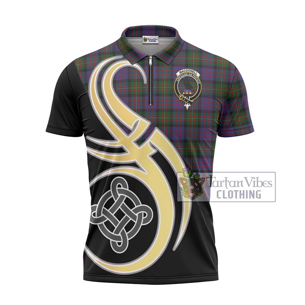 Tartan Vibes Clothing MacDonell of Glengarry Tartan Zipper Polo Shirt with Family Crest and Celtic Symbol Style