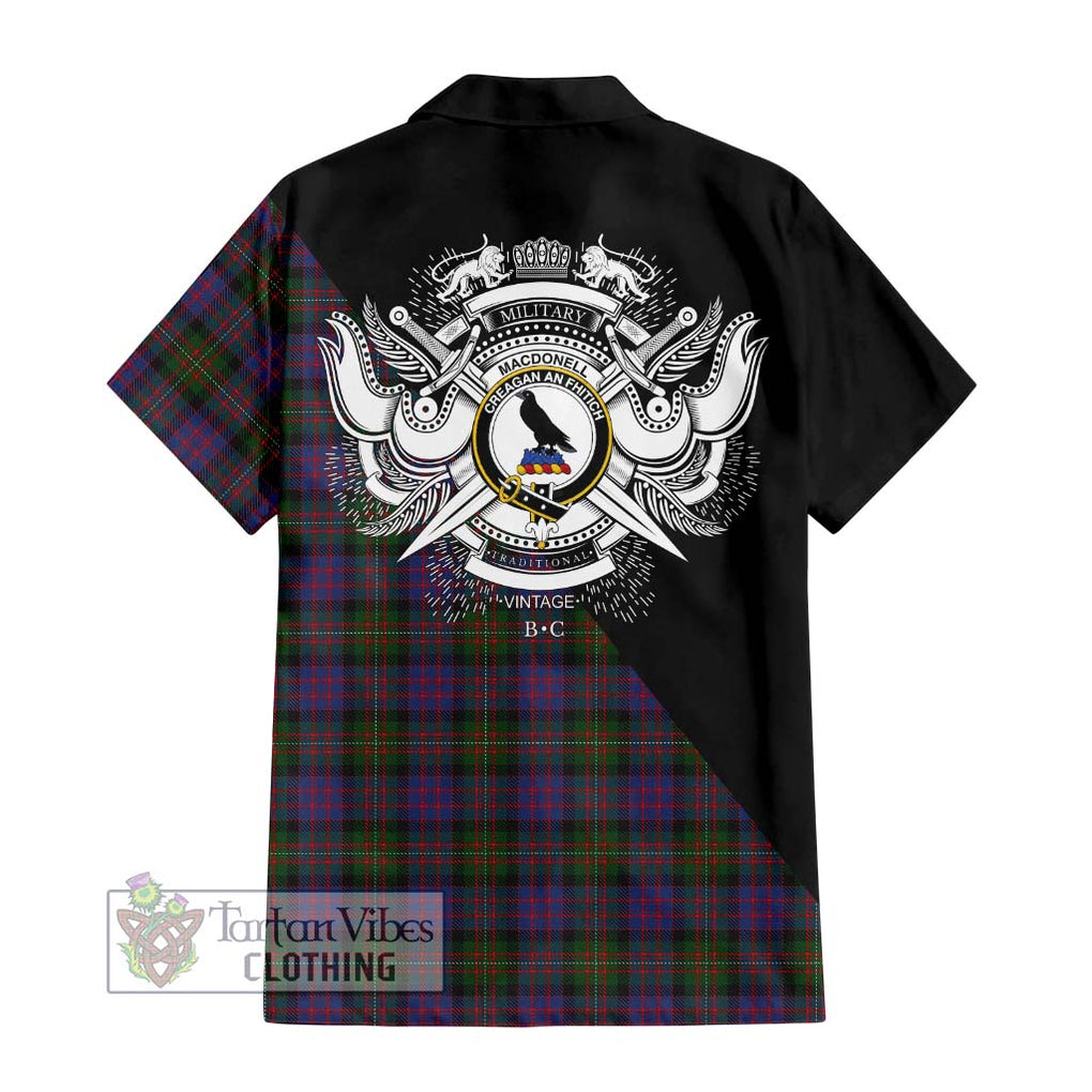 MacDonell (McDonell) Tartan Short Sleeve Button Shirt with Family Crest and Military Logo Style - Tartanvibesclothing Shop