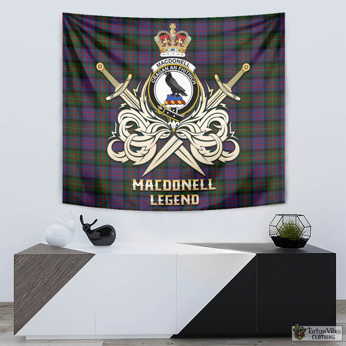 Tartan Vibes Clothing MacDonell of Glengarry Tartan Tapestry with Clan Crest and the Golden Sword of Courageous Legacy