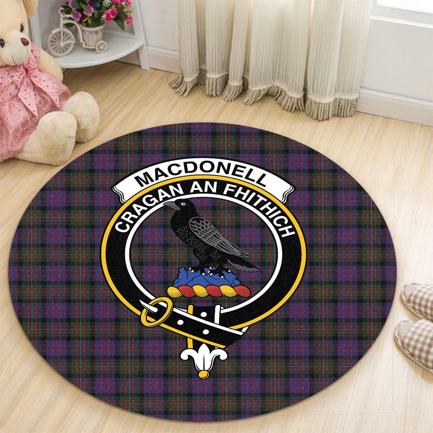 macdonell-of-glengarry-tartan-round-rug-with-family-crest