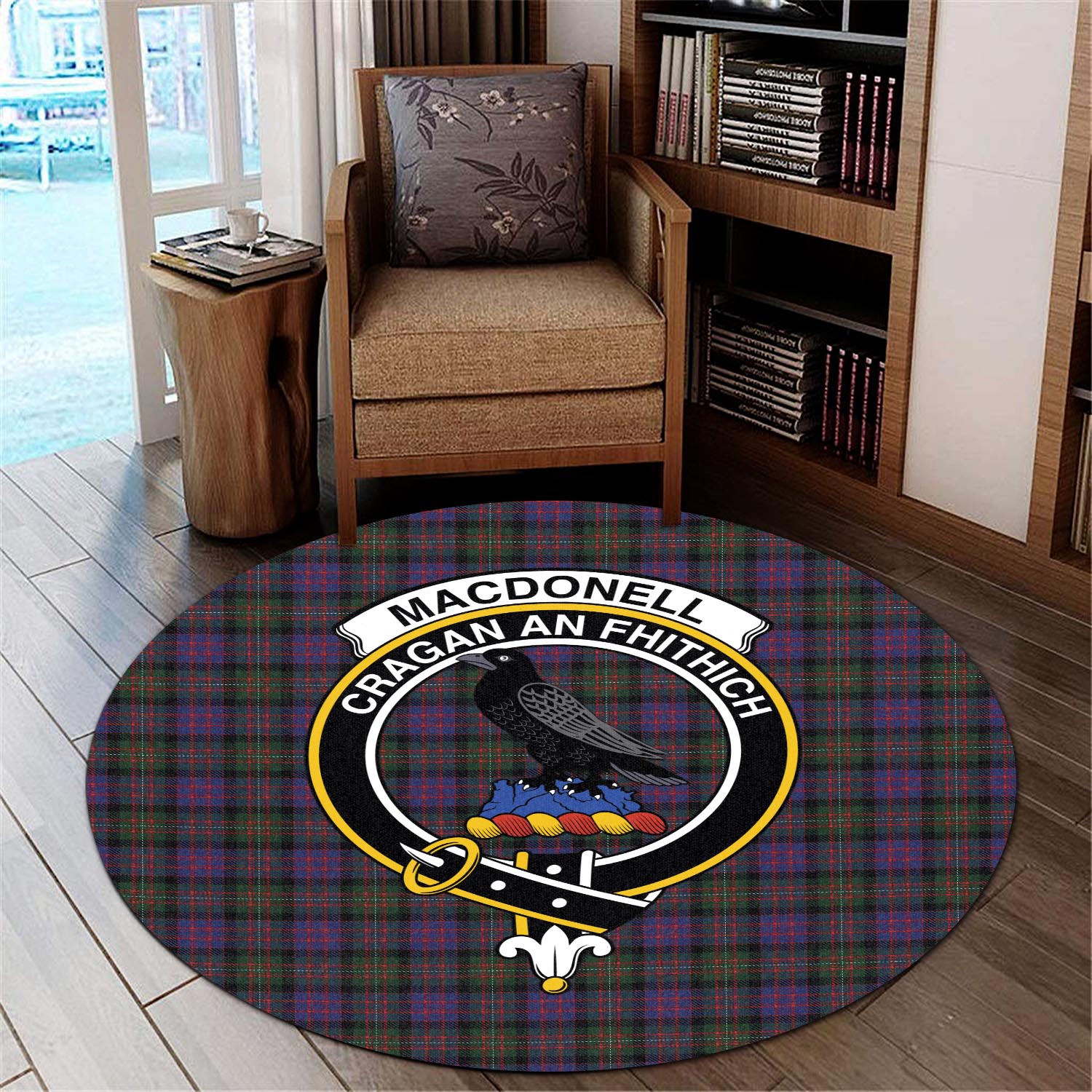 macdonell-of-glengarry-tartan-round-rug-with-family-crest