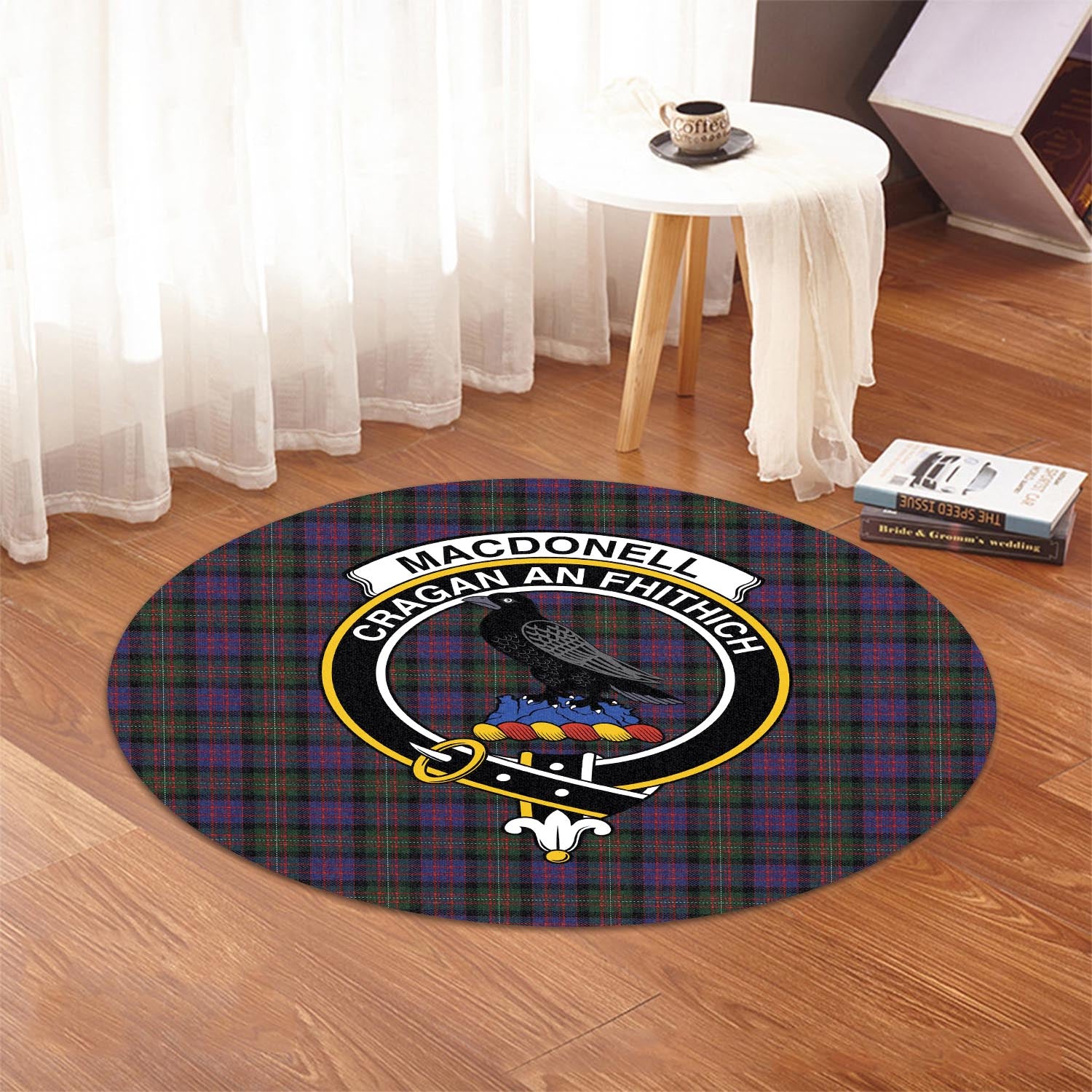 macdonell-of-glengarry-tartan-round-rug-with-family-crest