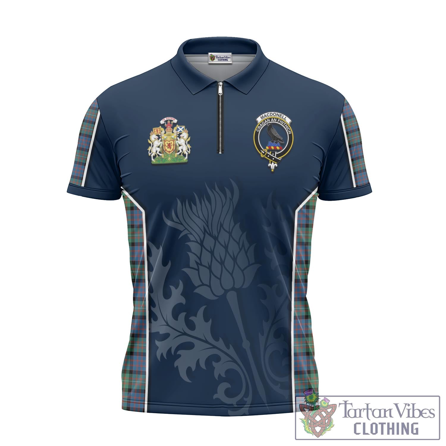 Tartan Vibes Clothing MacDonell of Glengarry Ancient Tartan Zipper Polo Shirt with Family Crest and Scottish Thistle Vibes Sport Style