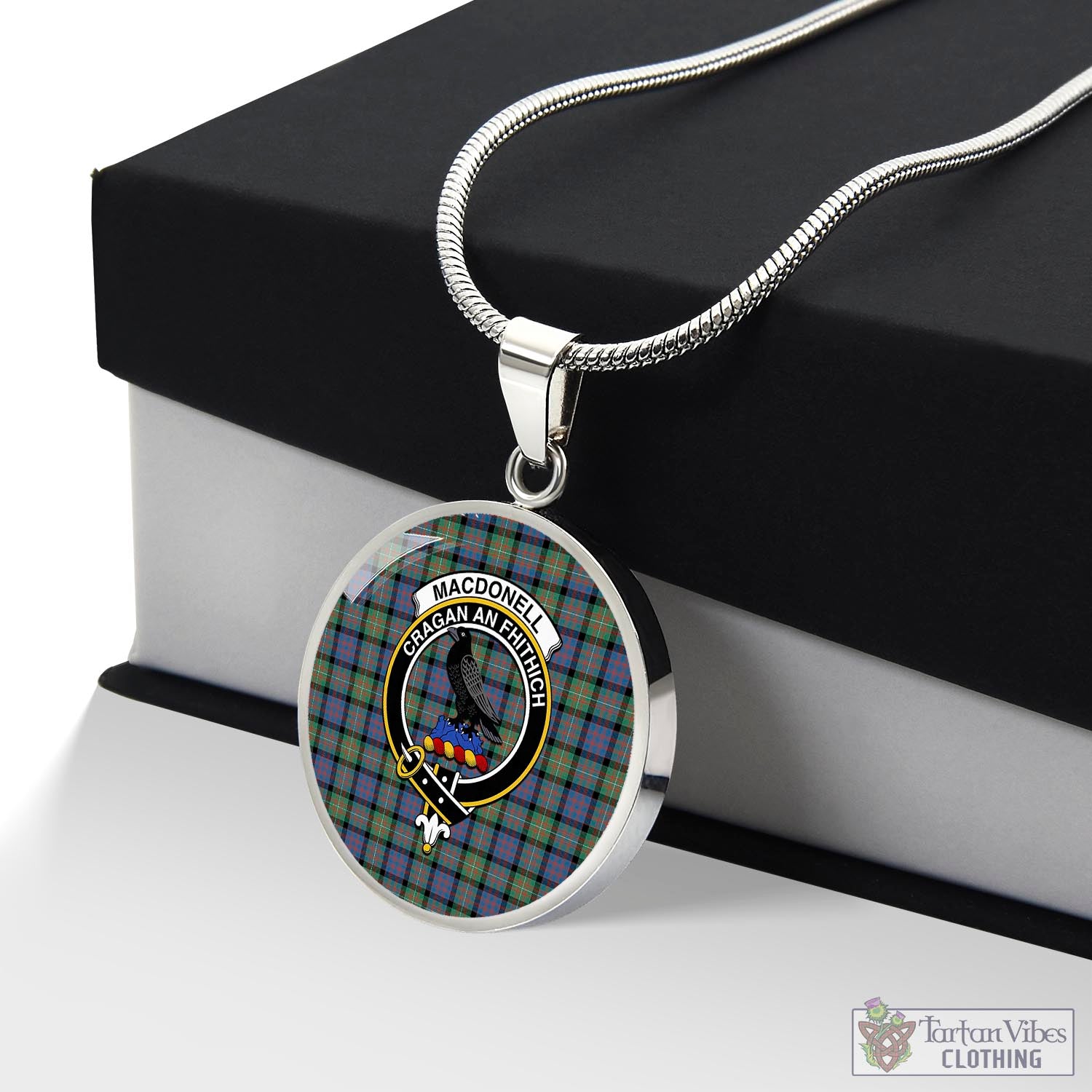 Tartan Vibes Clothing MacDonell of Glengarry Ancient Tartan Circle Necklace with Family Crest