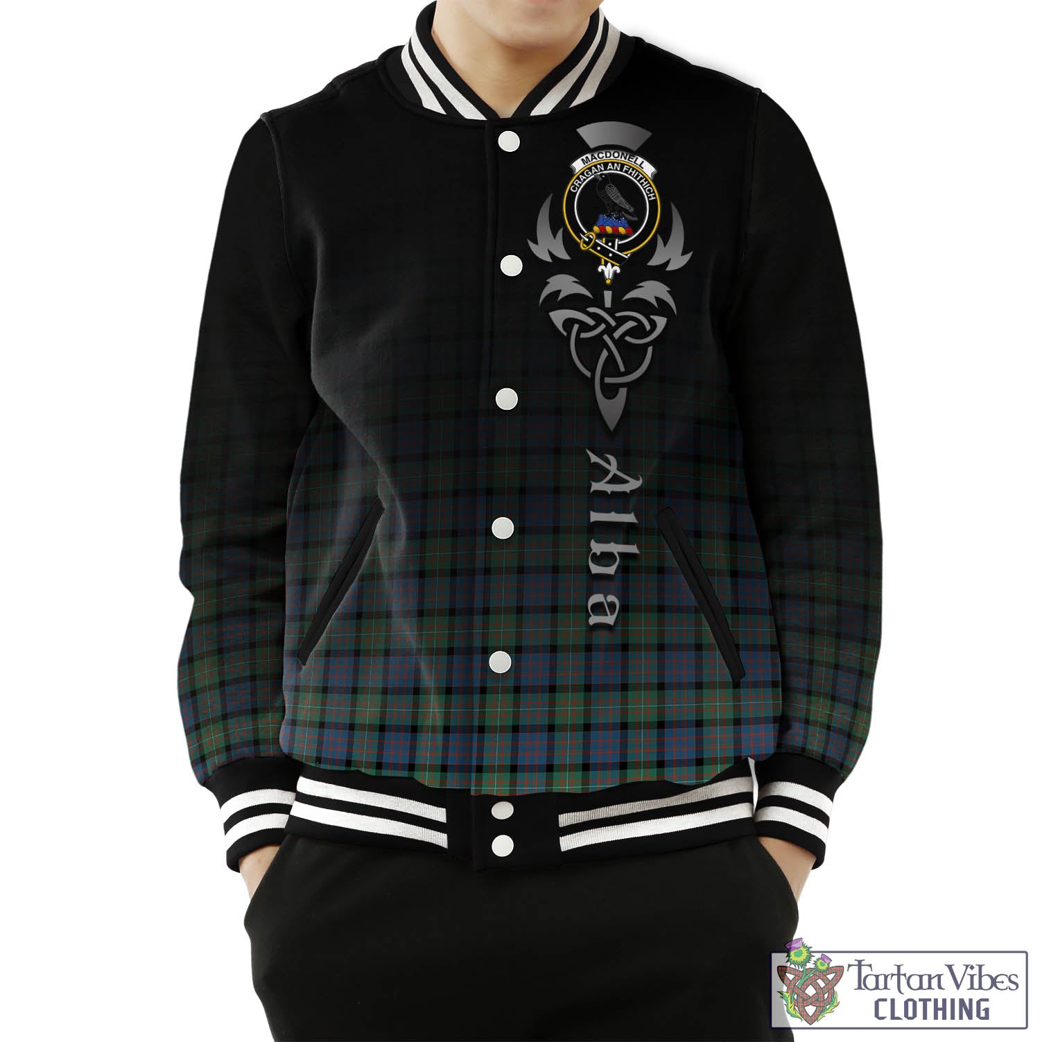 Tartan Vibes Clothing MacDonell of Glengarry Ancient Tartan Baseball Jacket Featuring Alba Gu Brath Family Crest Celtic Inspired