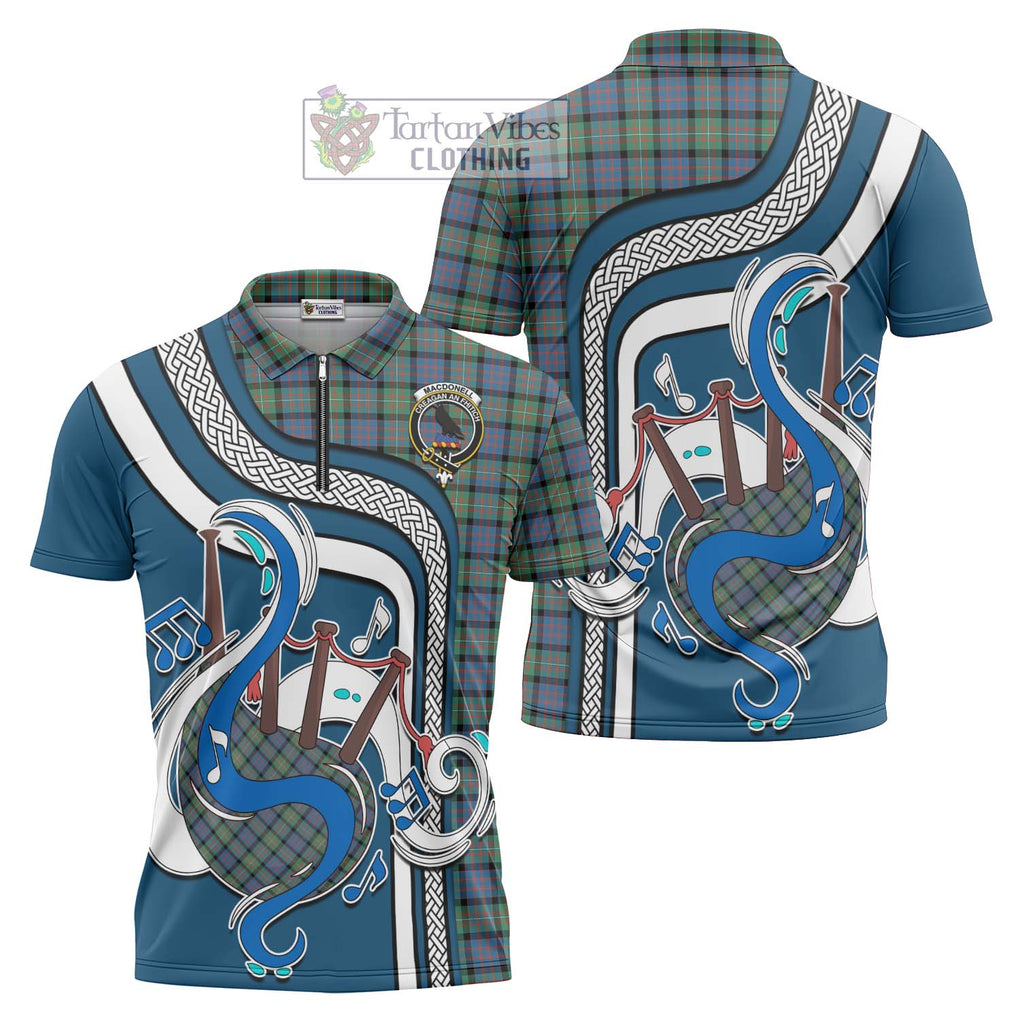 MacDonell of Glengarry Ancient Tartan Zipper Polo Shirt with Epic Bagpipe Style Unisex - Tartanvibesclothing Shop