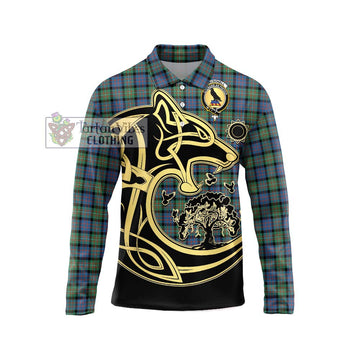 MacDonell of Glengarry Ancient Tartan Long Sleeve Polo Shirt with Family Crest Celtic Wolf Style