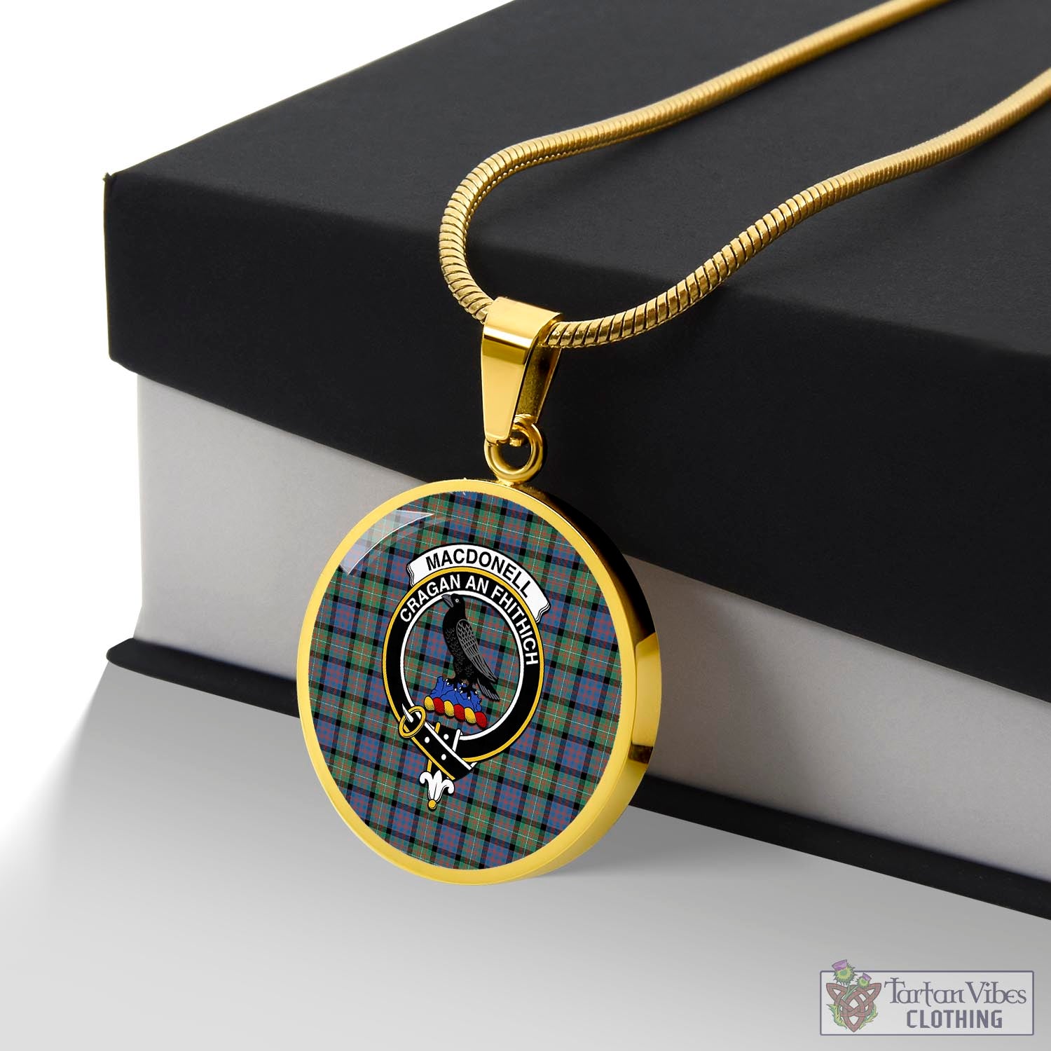 Tartan Vibes Clothing MacDonell of Glengarry Ancient Tartan Circle Necklace with Family Crest