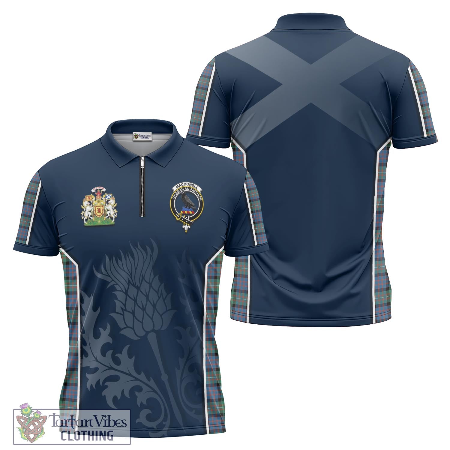 Tartan Vibes Clothing MacDonell of Glengarry Ancient Tartan Zipper Polo Shirt with Family Crest and Scottish Thistle Vibes Sport Style