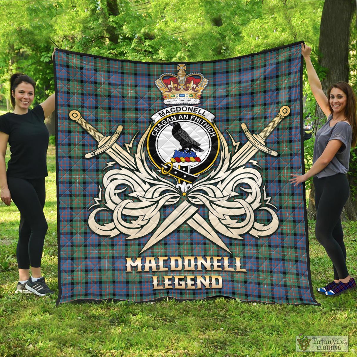 Tartan Vibes Clothing MacDonell of Glengarry Ancient Tartan Quilt with Clan Crest and the Golden Sword of Courageous Legacy