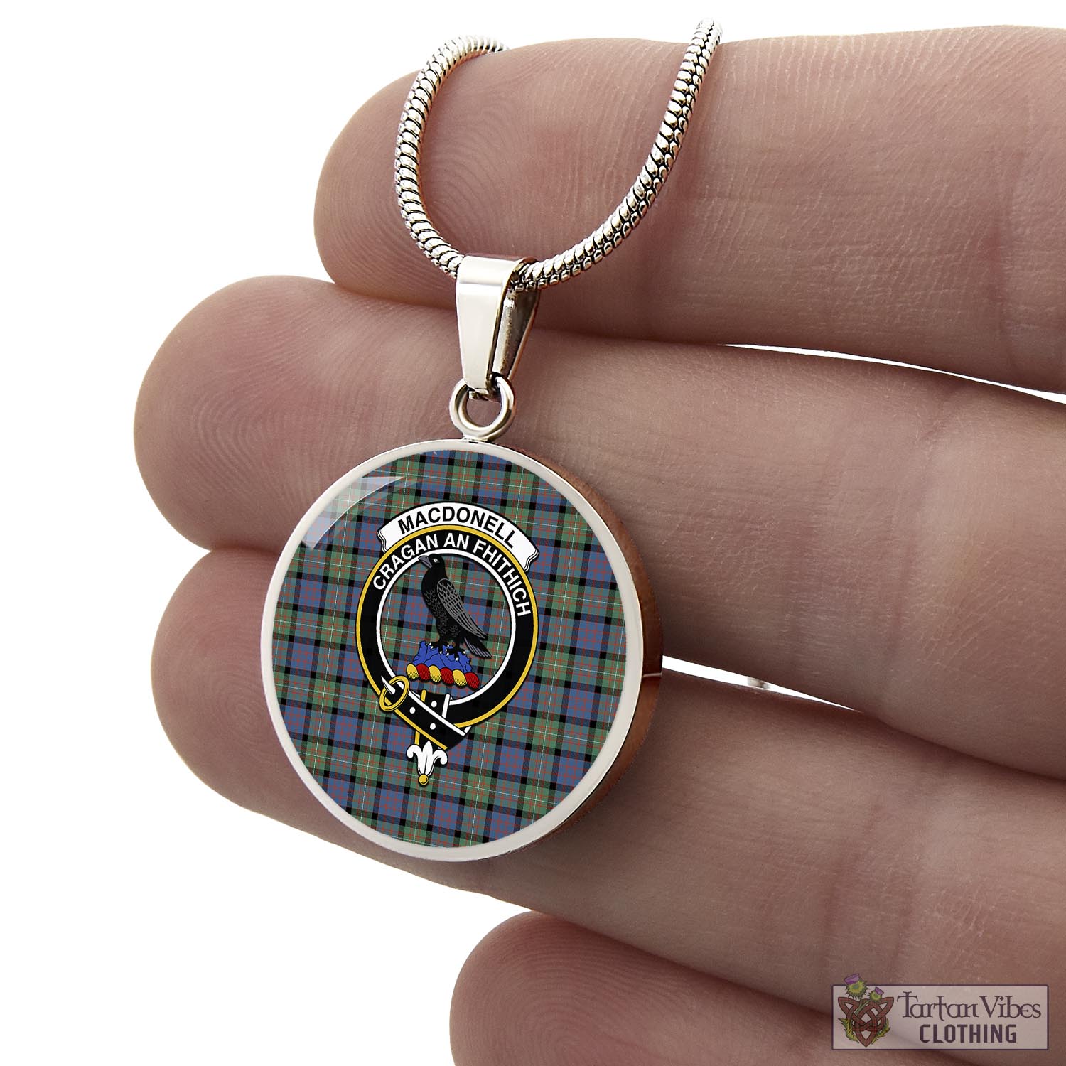 Tartan Vibes Clothing MacDonell of Glengarry Ancient Tartan Circle Necklace with Family Crest