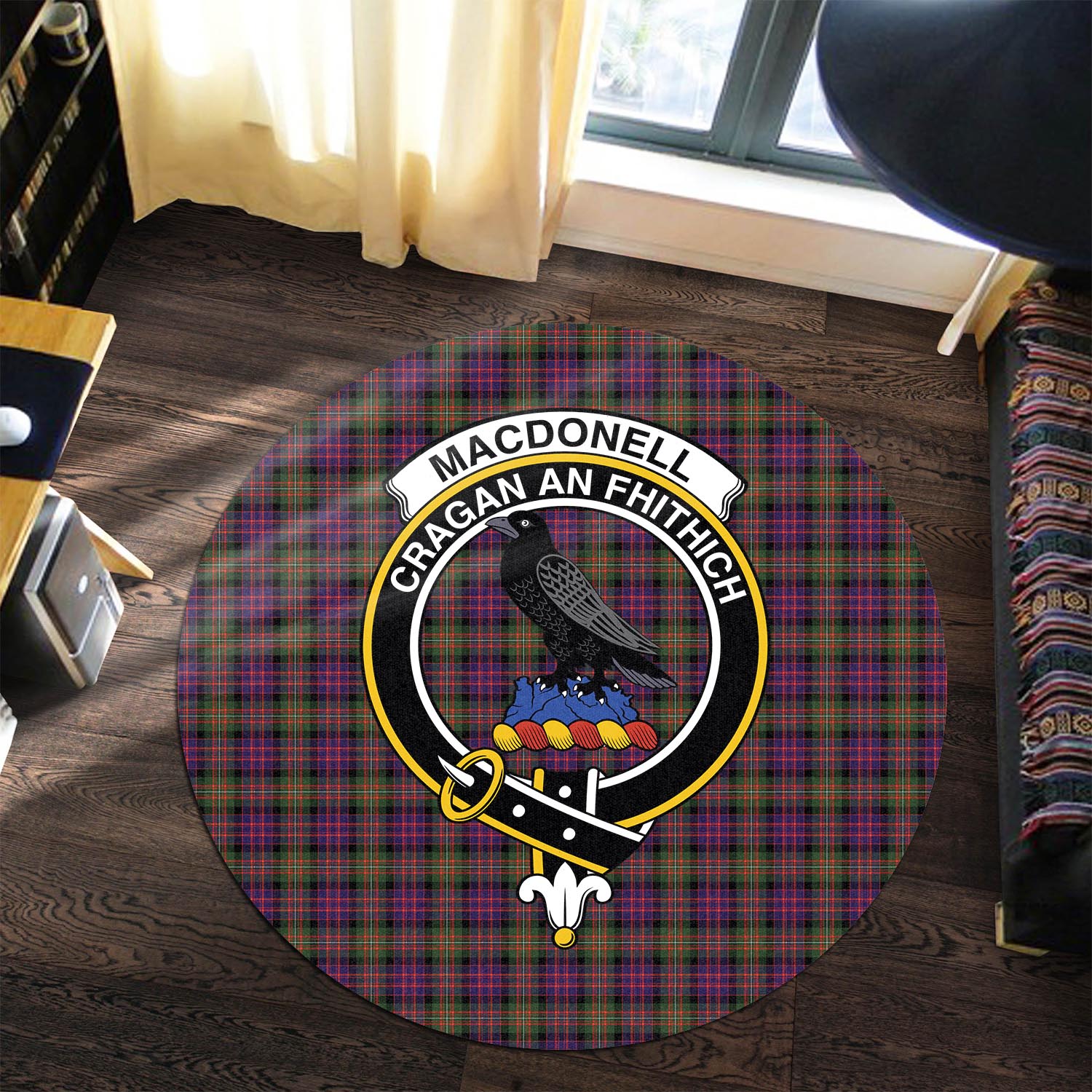 macdonell-of-glengarry-modern-tartan-round-rug-with-family-crest