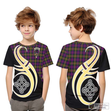 MacDonell of Glengarry Modern Tartan Kid T-Shirt with Family Crest and Celtic Symbol Style