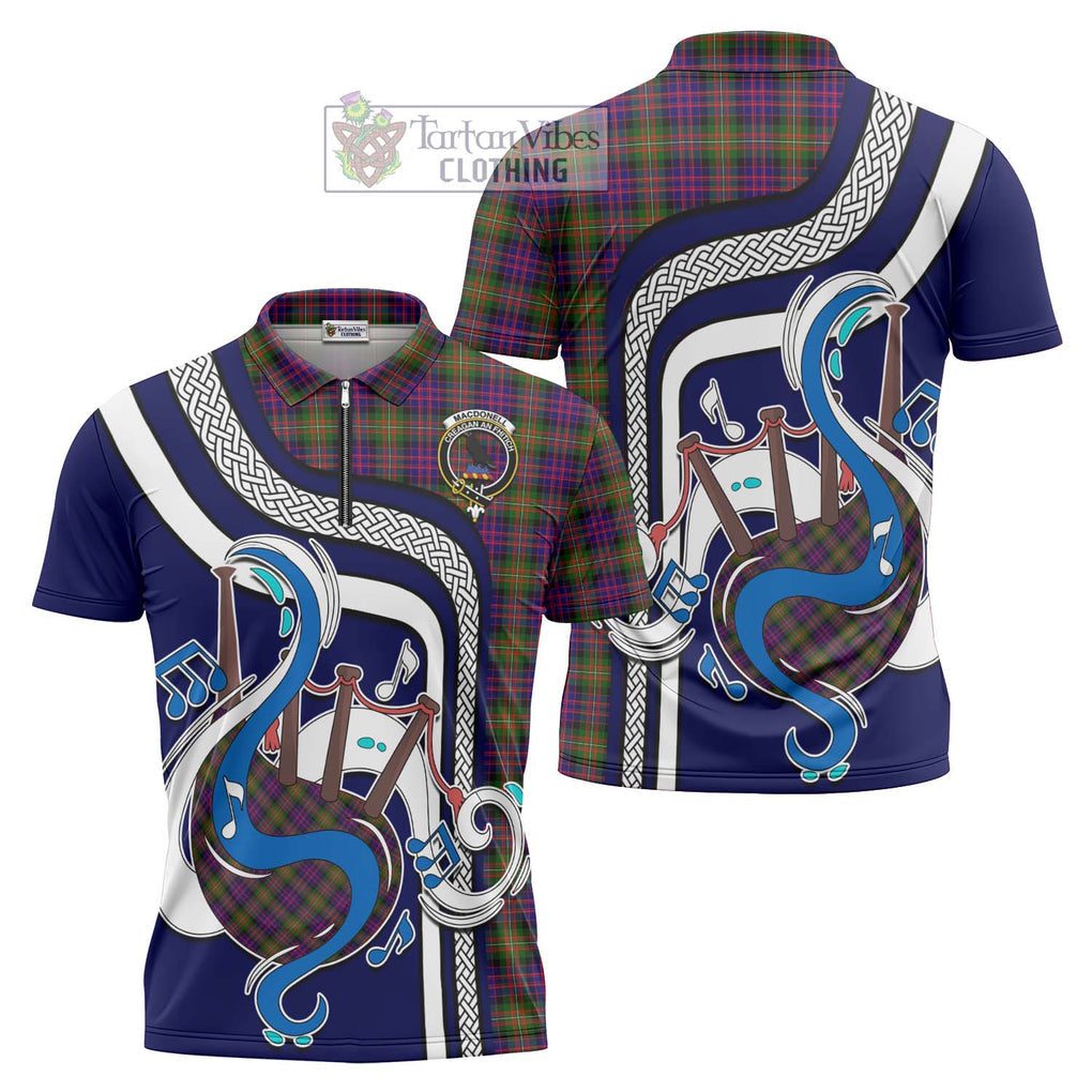 MacDonell of Glengarry Modern Tartan Zipper Polo Shirt with Epic Bagpipe Style Unisex - Tartanvibesclothing Shop