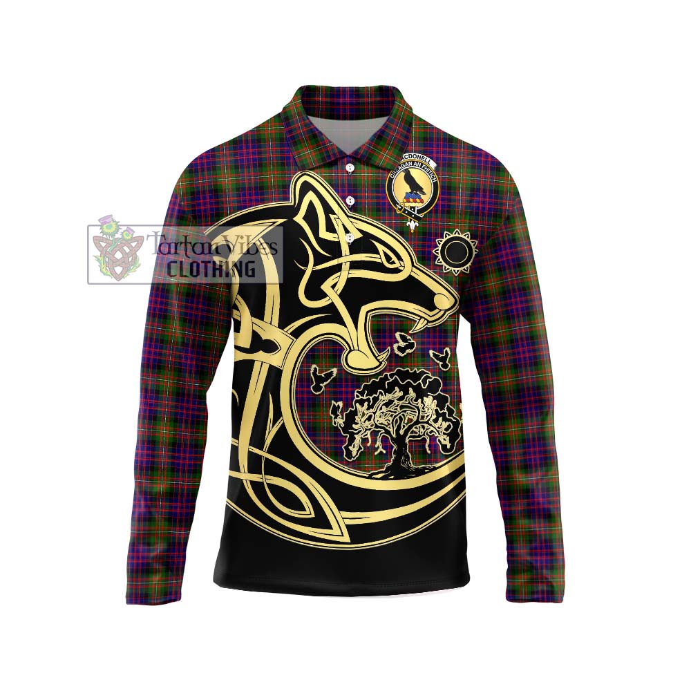 MacDonell of Glengarry Modern Tartan Long Sleeve Polo Shirt with Family Crest Celtic Wolf Style Unisex - Tartanvibesclothing Shop