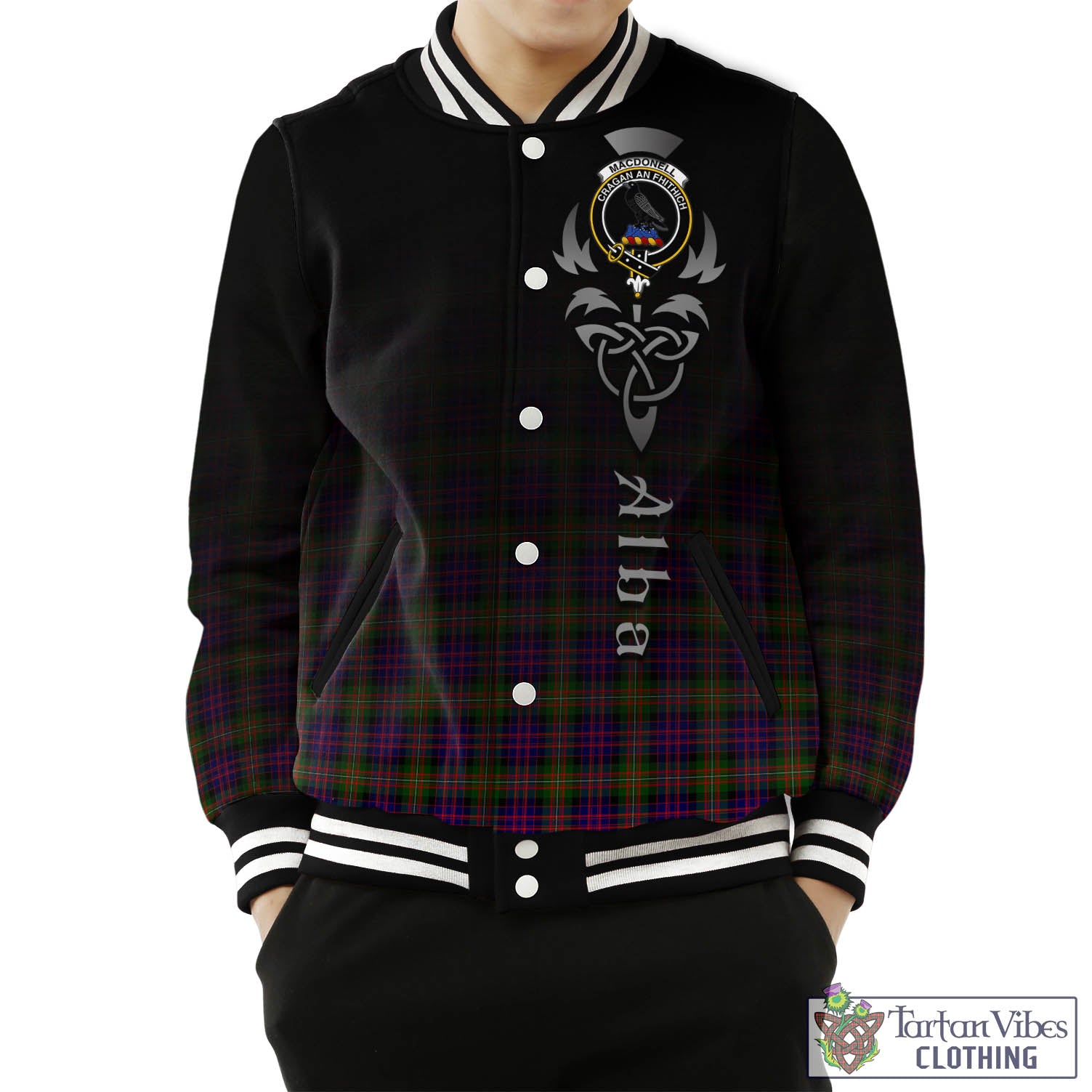 Tartan Vibes Clothing MacDonell of Glengarry Modern Tartan Baseball Jacket Featuring Alba Gu Brath Family Crest Celtic Inspired